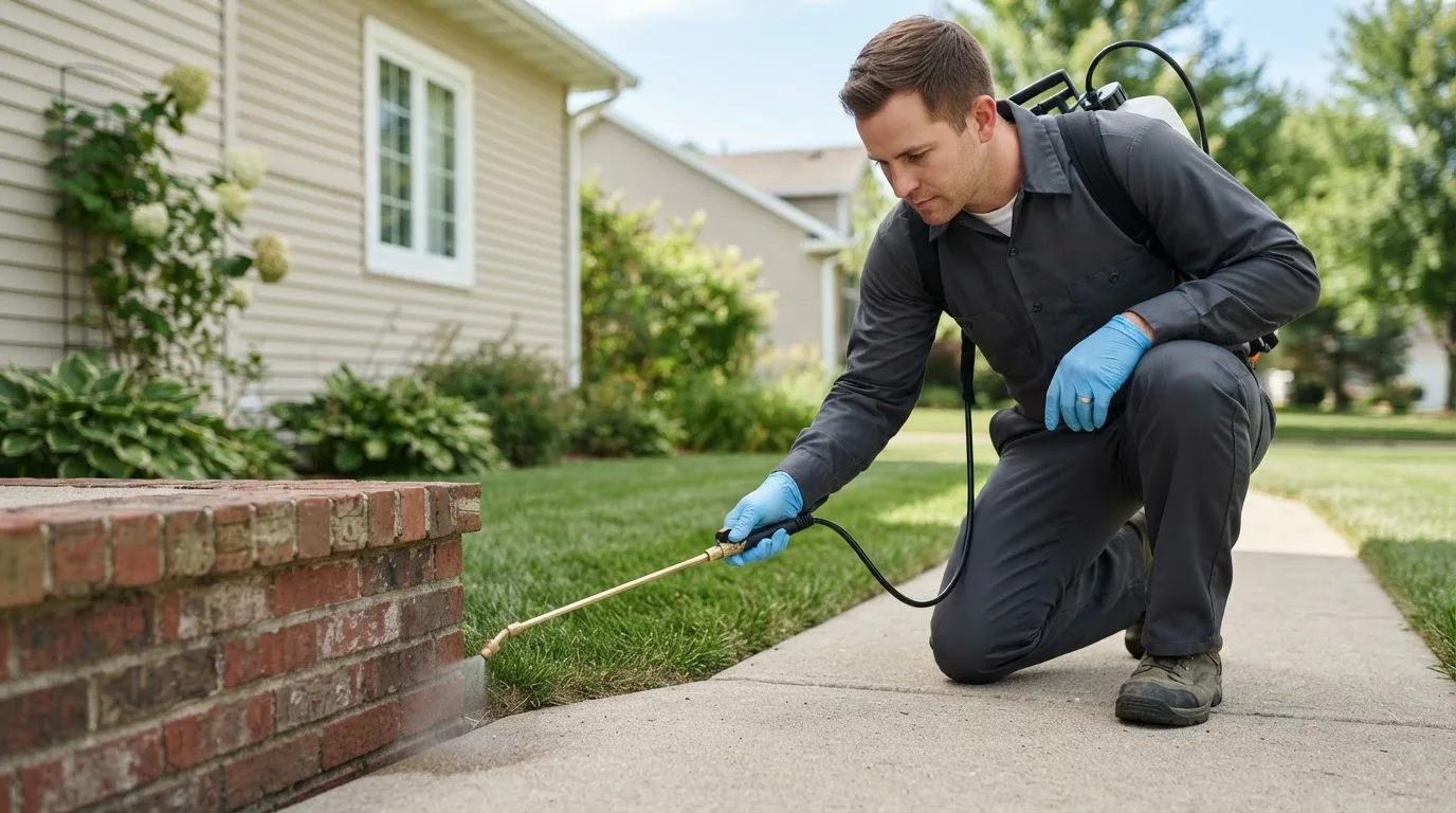 Pest control technician treating a home near South Fork, PA